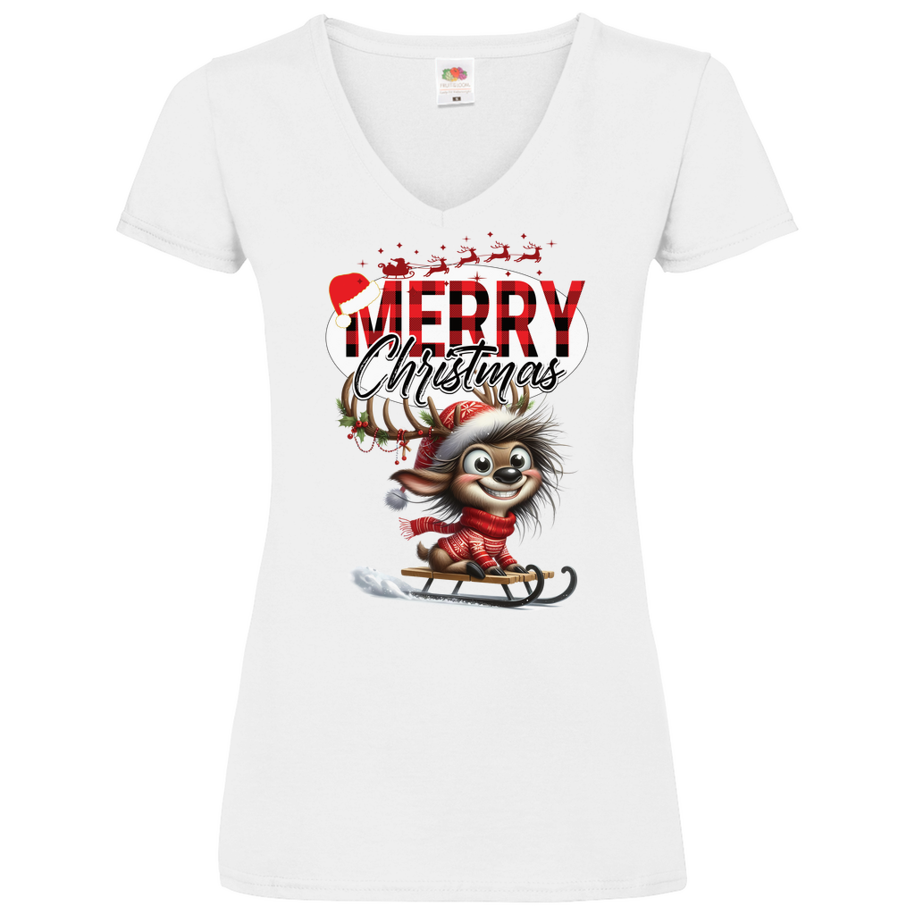 Damen Basic V-Neck T-Shirt weihnachten-11
