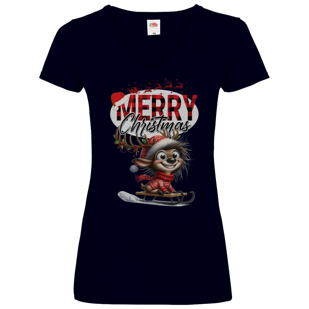 Damen Basic V-Neck T-Shirt weihnachten-11